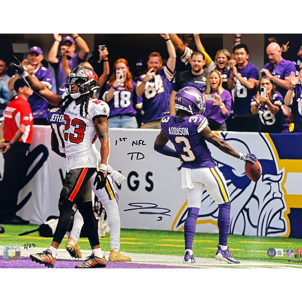 Jordan Addison Autographed Minnesota Vikings 16x20 Photo w/ 1st NFL TD Inscription Autographs FanHQ Number 1/23