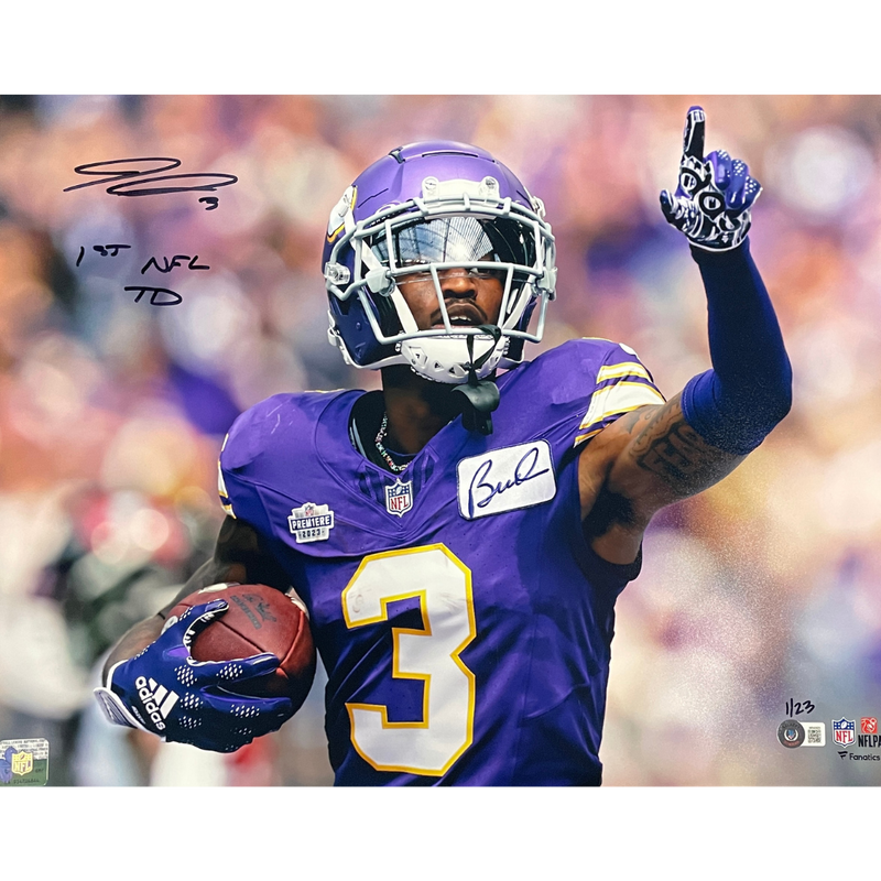 Jordan Addison Autographed Minnesota Vikings 16x20 Photo w/ 1st NFL TD Inscription Autographs FanHQ Number 1/23  