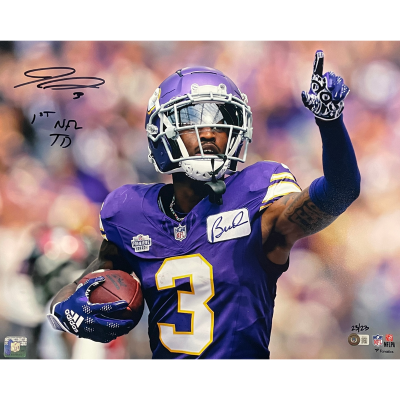 Jordan Addison Autographed Minnesota Vikings 16x20 Photo w/ 1st NFL TD Inscription Autographs FanHQ Number 23/23  