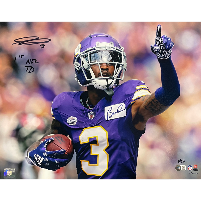 Jordan Addison Autographed Minnesota Vikings 16x20 Photo w/ 1st NFL TD Inscription Autographs FanHQ Number 3/23  