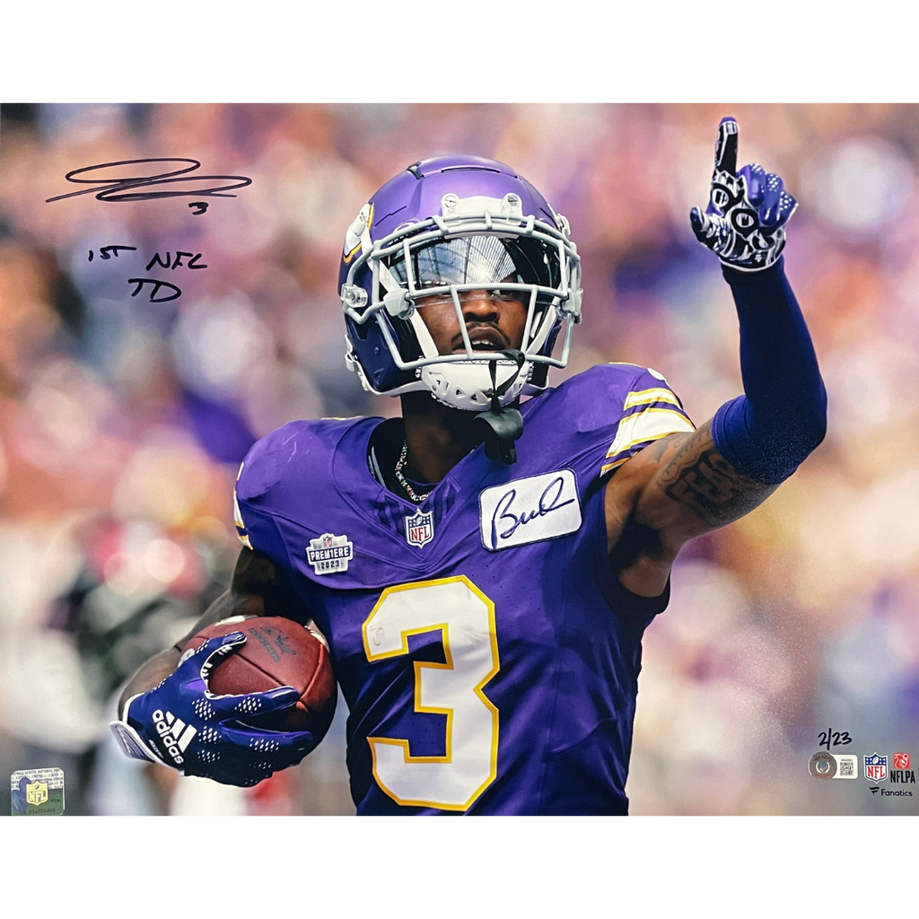 Jordan Addison Autographed Minnesota Vikings 16x20 Photo w/ 1st NFL TD Inscription Autographs FanHQ Number 1/23