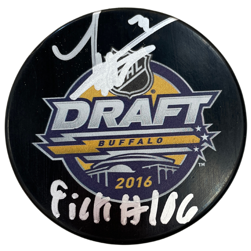 Brandon Duhaime Autographed 2016 NHL Draft Logo Puck w/ Pick 106 Inscription