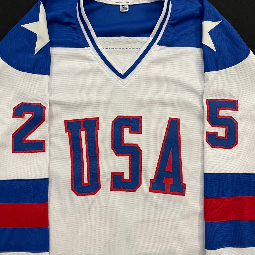 Buzz Schneider Autographed USA White Olympic-Style Replica Jersey w/ 1980 Gold Inscription Autographs Fan HQ