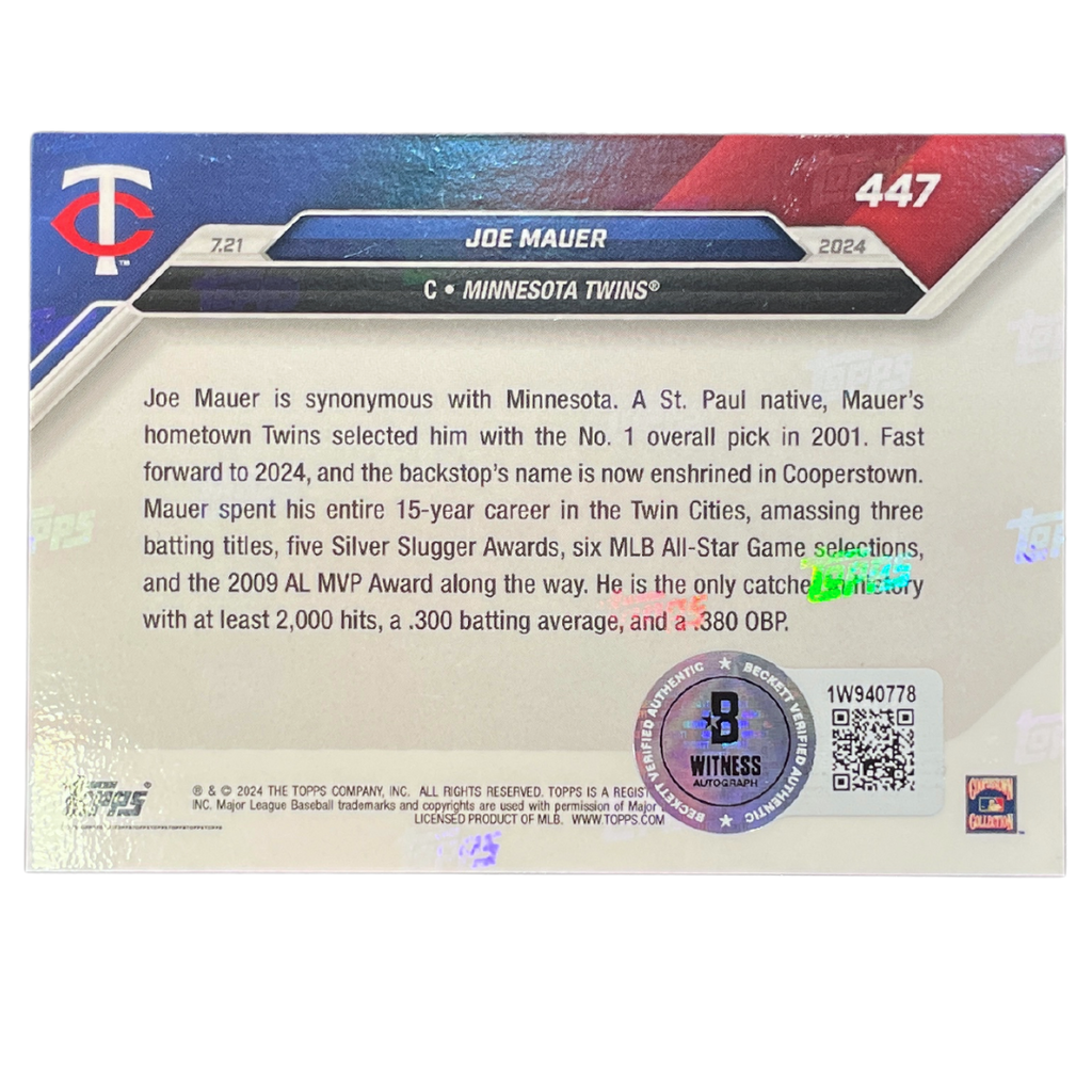 Joe Mauer Autographed Topps Now Card w/ HOF 2024 Inscription Autographs Fan HQ