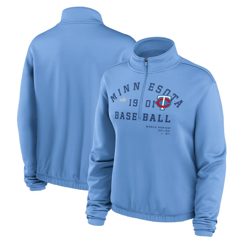 AVAILABLE IN-STORE ONLY! Minnesota Twins Nike Women's Light Blue Rewind Splice Half-Zip Sweatshirt Womens Nike