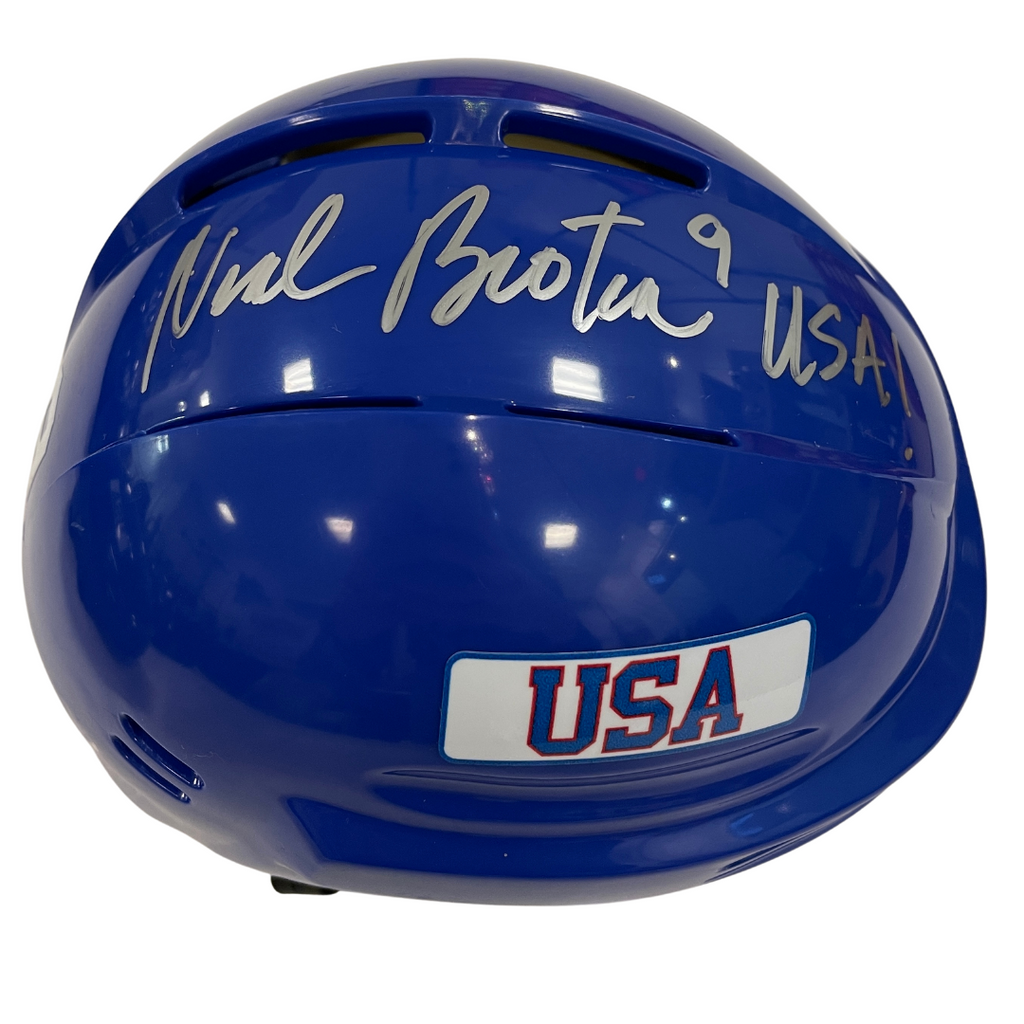 Neal Broten Autographed Royal Blue Mini Helmet "USA!" (#1/9) Autographs FanHQ   