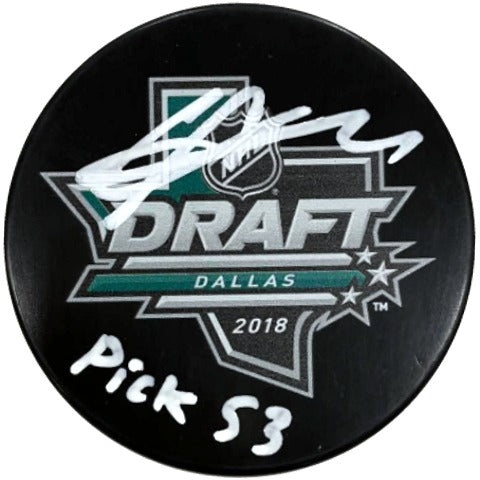 Calen Addison Signed and Inscribed 2018 NHL Draft Puck Minnesota Wild (#1/18) Autographs FanHQ   
