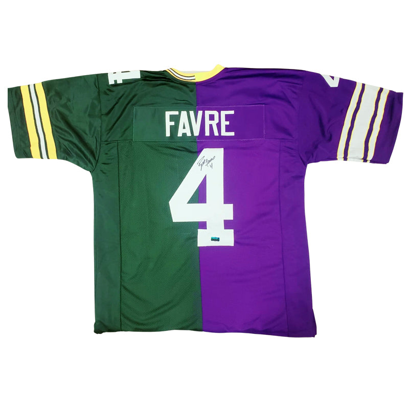 Brett Favre Autographed Purple/Green Split Pro-Style Jersey Autographs FanHQ   