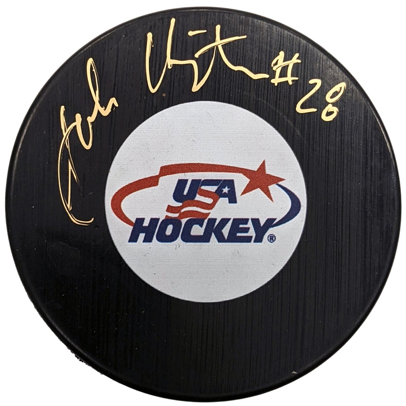 John Harrington Autographed USA Hockey Logo Puck Autographs FanHQ   