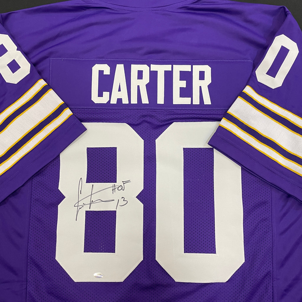 Cris Carter Autographed Purple Pro-Style Jersey w/ HOF 13 Inscription Autographs FanHQ   