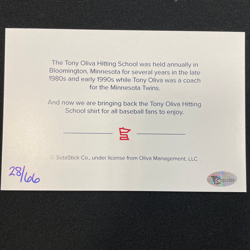 Tony Oliva Autographed SotaStick Oliva Hitting School Limited-Edition 4x6 Card T-Shirts SotaStick
