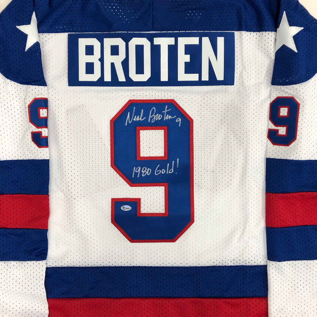Neal Broten Autographed 1980 USA Olympic Replica Jersey w/ 1980 Gold! Inscription Autographs FanHQ   