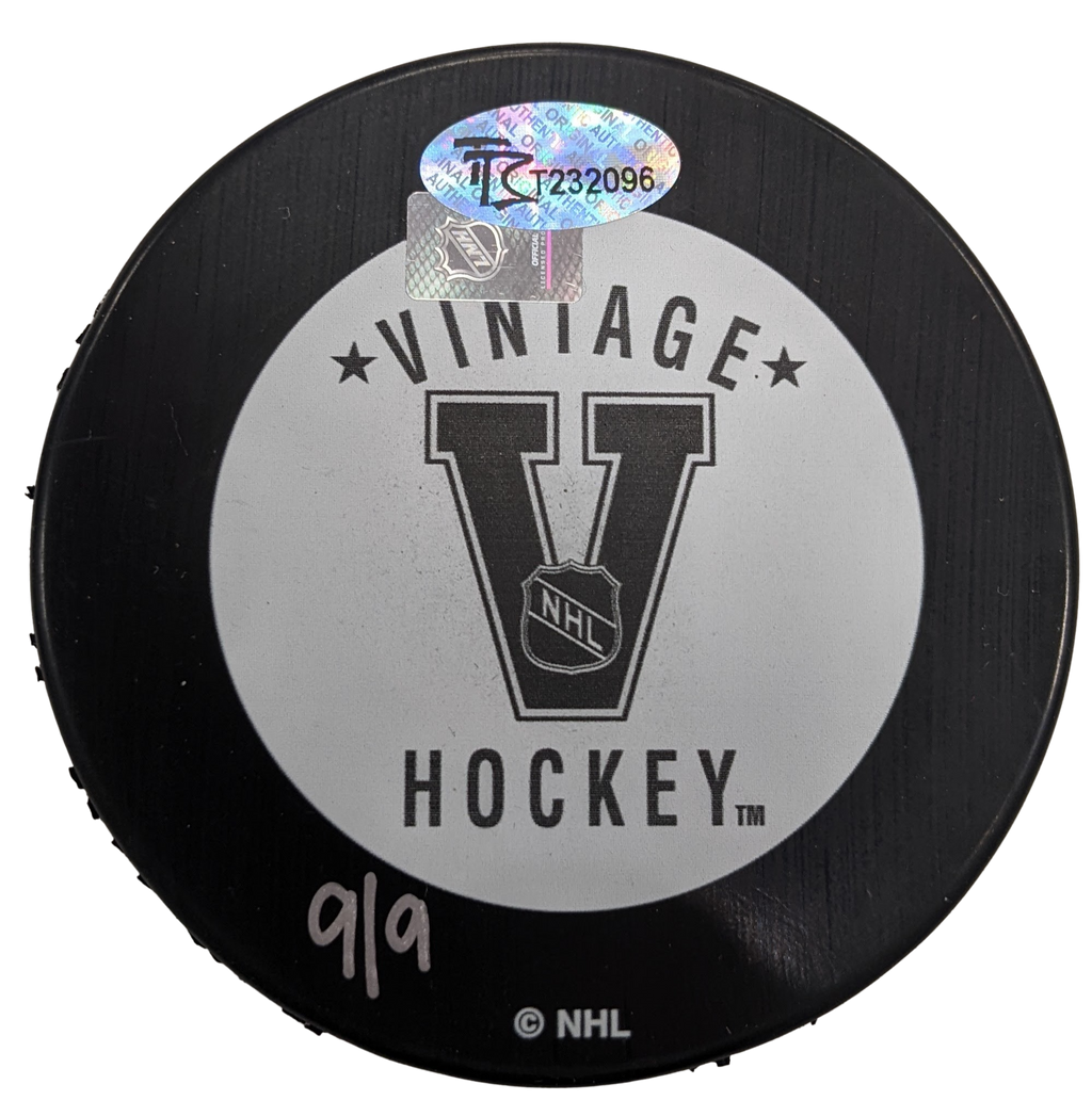 Mark Johnson Autographed & Inscribed Minnesota North Stars Puck (#9/9) Autographs FanHQ