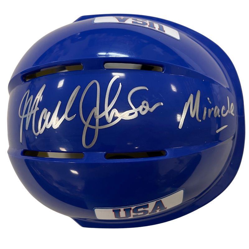 Mark Johnson Autographed Royal Blue Mini Helmet "Miracle" (Standard Number) Autographs FanHQ   