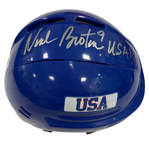 Neal Broten Autographed Royal Blue Mini Helmet "USA!" (Standard Number) Autographs FanHQ   