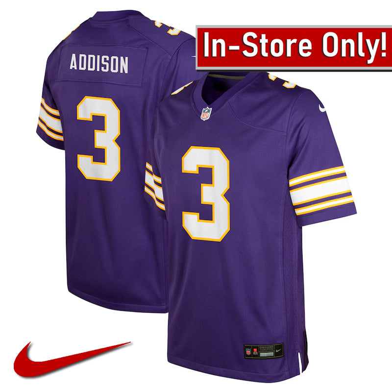 AVAILABLE IN-STORE ONLY! Jordan Addison Youth Minnesota Vikings Purple Nike Classic Game Jersey Jersey Nike   