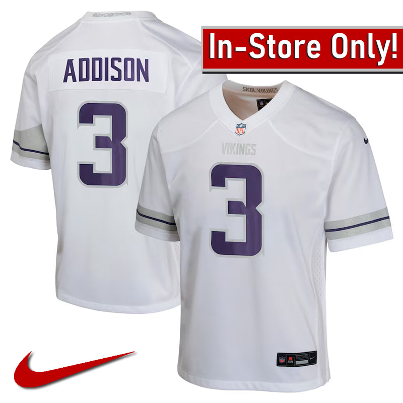 AVAILABLE IN-STORE ONLY! Jordan Addison Youth Minnesota Vikings White Nike Alternate Game Jersey Jersey Nike   