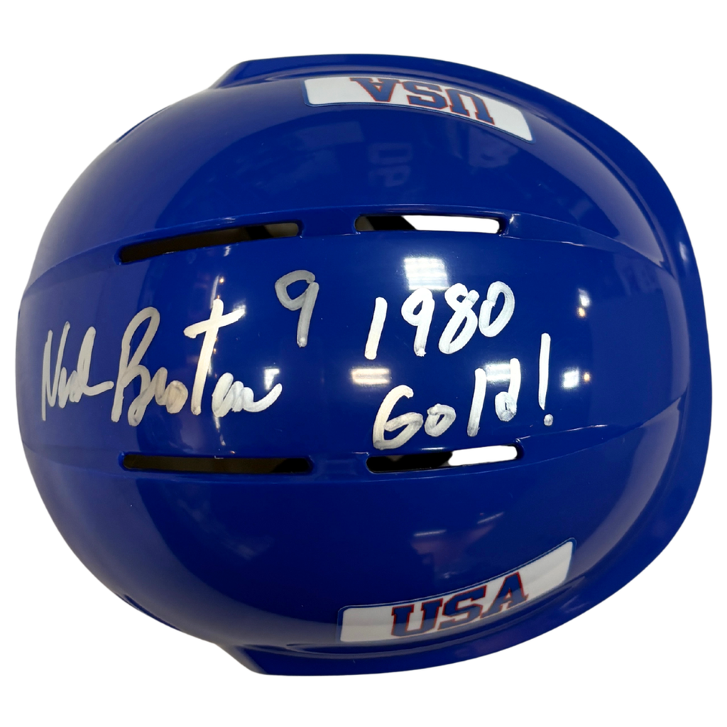Neal Broten Autographed Royal Blue Mini Helmet w/ 1980 Gold! Inscription Autographs FanHQ