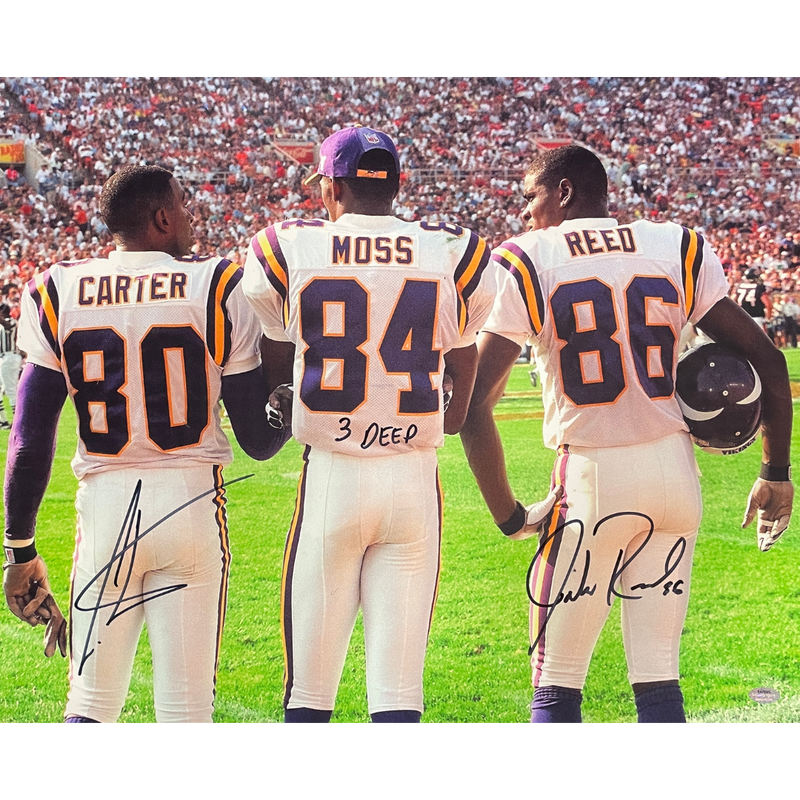 Cris Carter & Jake Reed Autographed Minnesota Vikings Three Deep 16x20 Photo