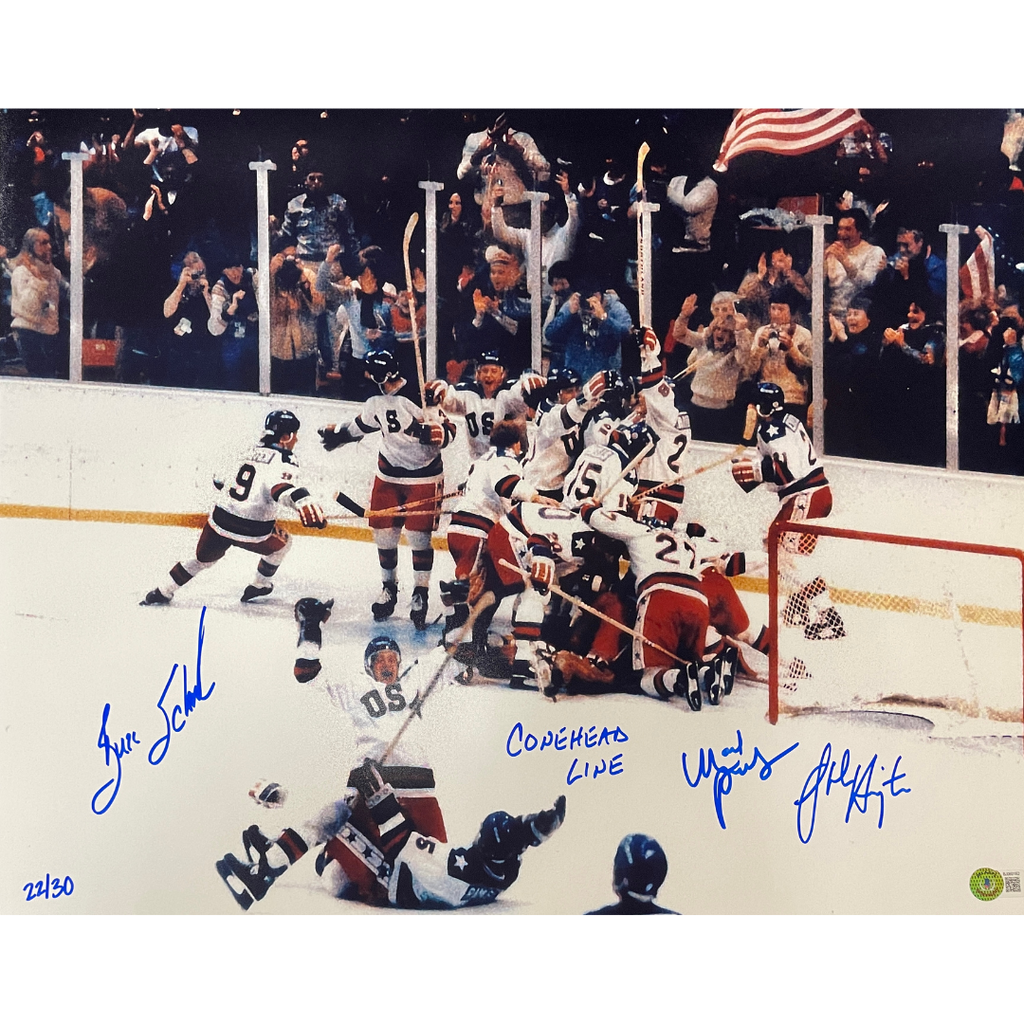Coneheads Autographed Miracle On Ice 16x20 Photo Mark Pavelich Buzz Schneider John Harrington Autographs FanHQ   