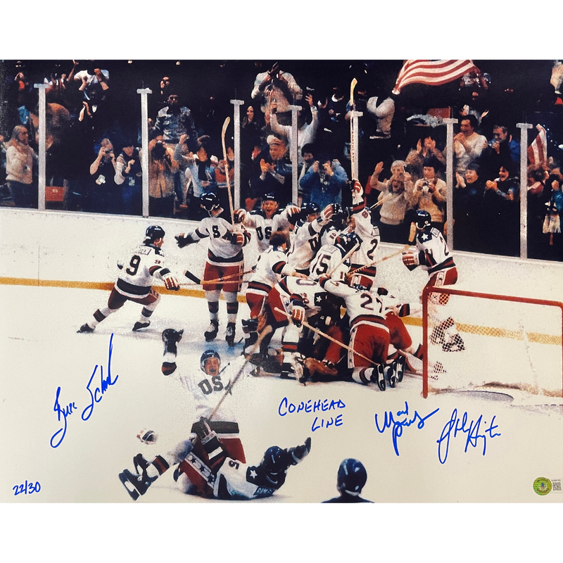Coneheads Autographed Miracle On Ice 16x20 Photo Mark Pavelich Buzz Schneider John Harrington