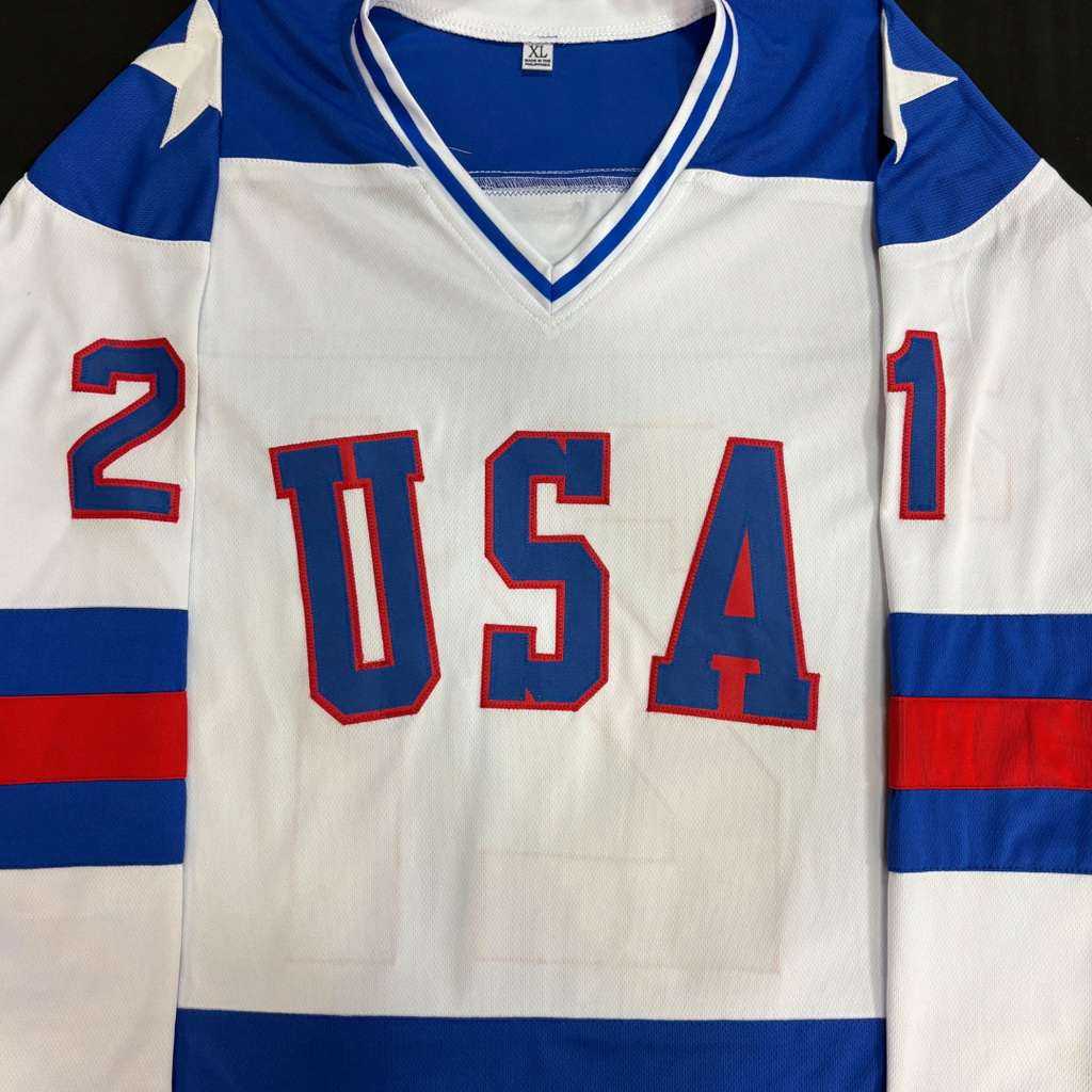 Mike Eruzione Autographed USA White Pro-Style Jersey w/ 80 Gold Inscription Autographs Fan HQ