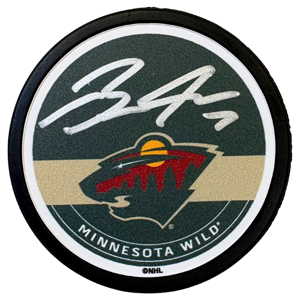 Brock Faber Autographed Minnesota Wild Green Signature Logo Puck Autographs FanHQ