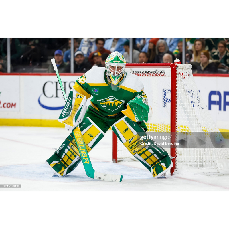 PRE-ORDER: Filip Gustavsson Autographed Minnesota Wild Action 8x10 Photo Autographs FanHQ Retro Jersey Autograph Only