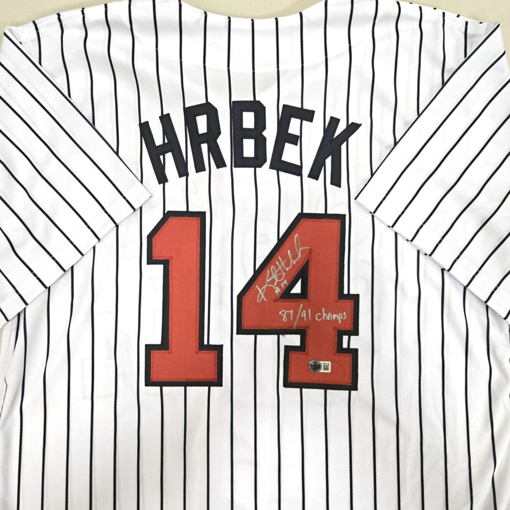 Kent Hrbek Autographed White Pinstripe Pro-Style Jersey w/ 87/91 Champs Inscription Autographs Fan HQ   