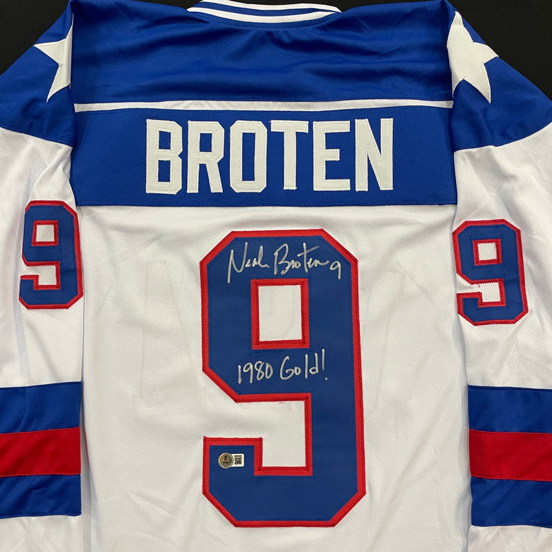 Neal Broten Autographed USA White Olympic-Style Jersey w/ 1980 Gold! Inscription