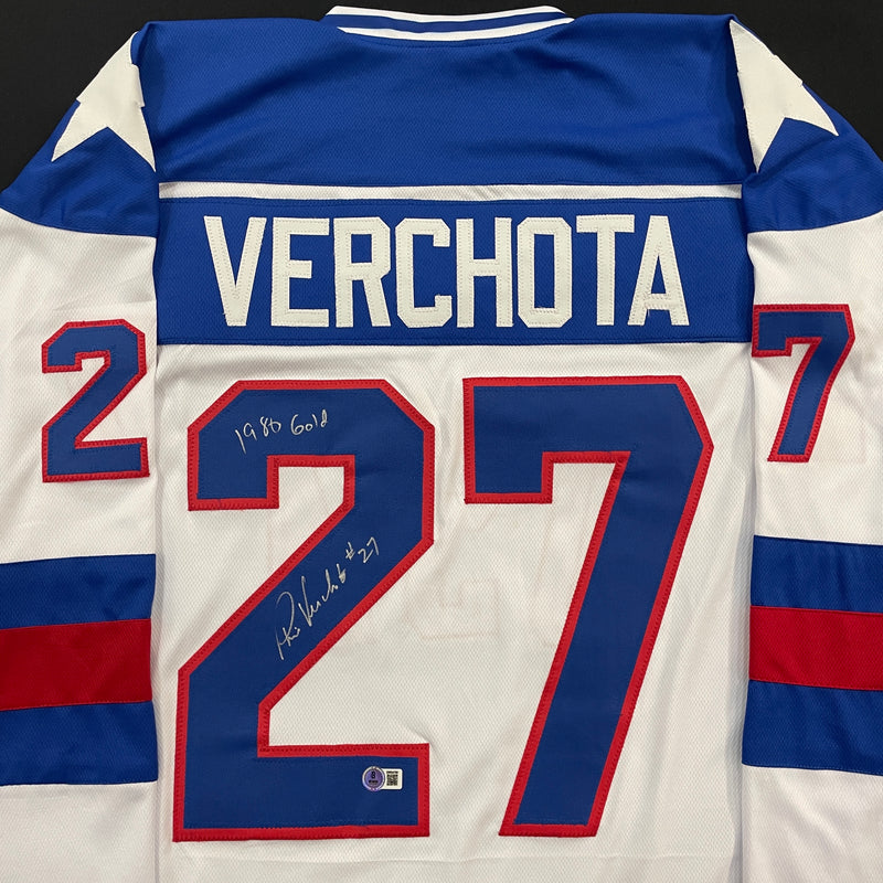Phil Verchota Autographed USA White Olympic-Style Jersey w/ 1980 Gold! Inscription Autographs Fan HQ