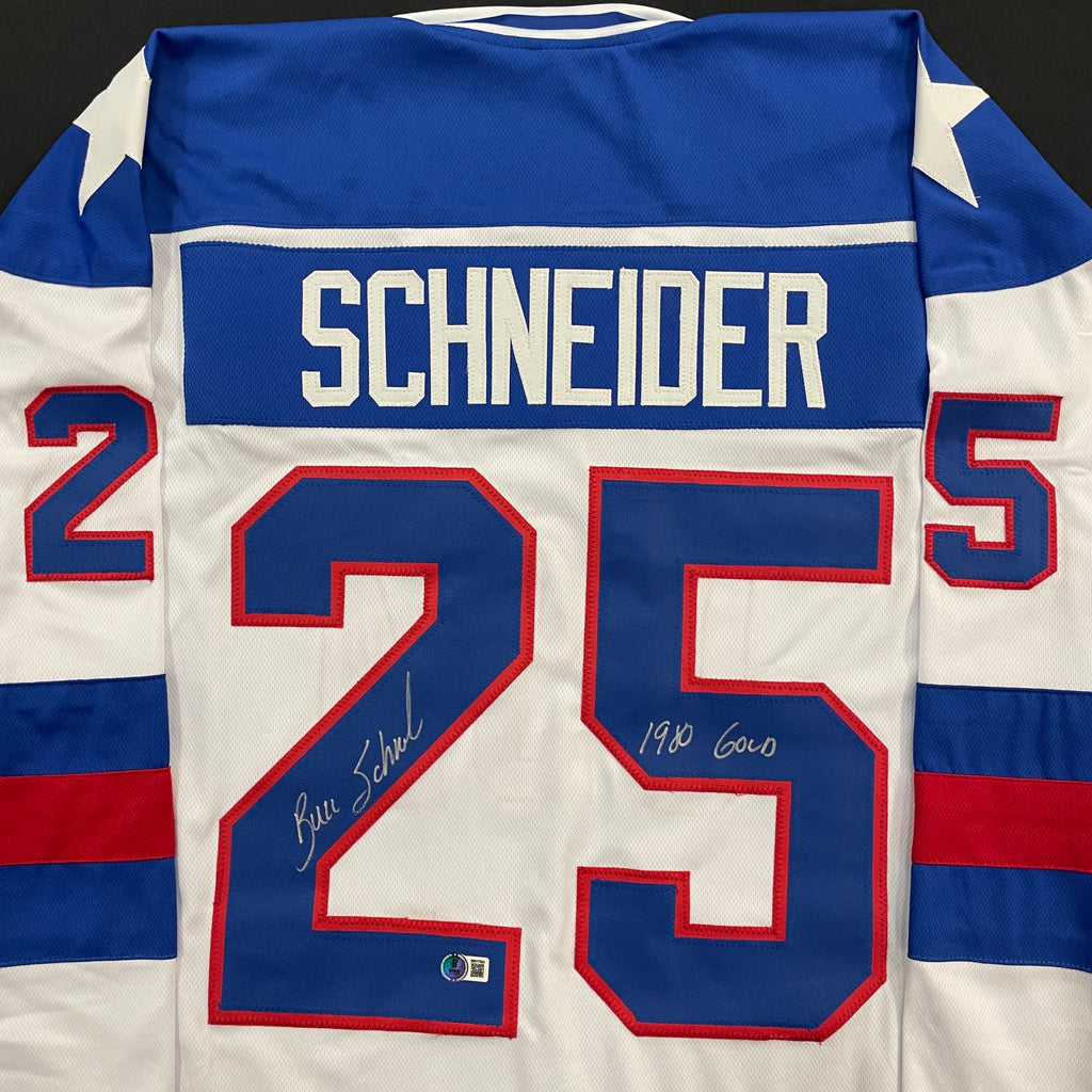 Buzz Schneider Autographed USA White Olympic-Style Replica Jersey w/ 1980 Gold Inscription Autographs Fan HQ
