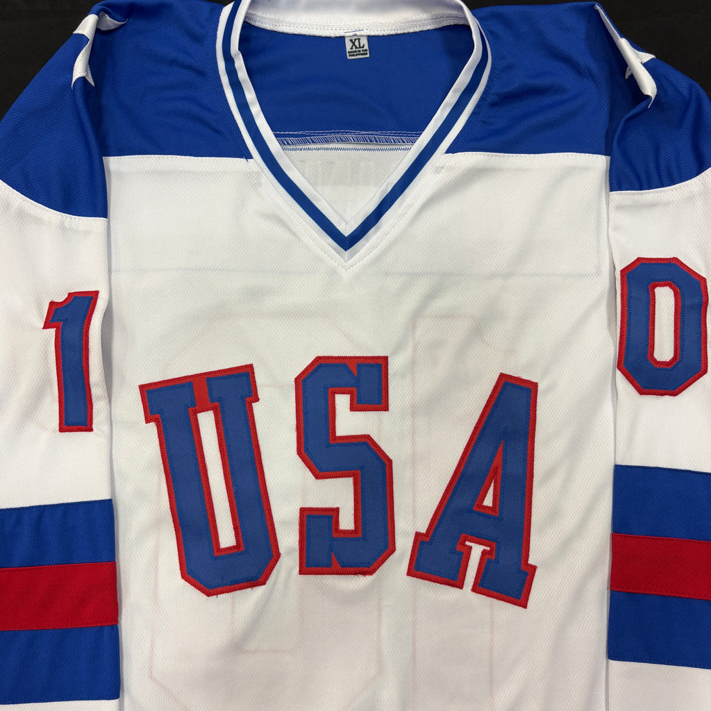 Mark Johnson Autographed USA White Olympic-Style Jersey w/ 80 Gold Inscription Autographs Fan HQ