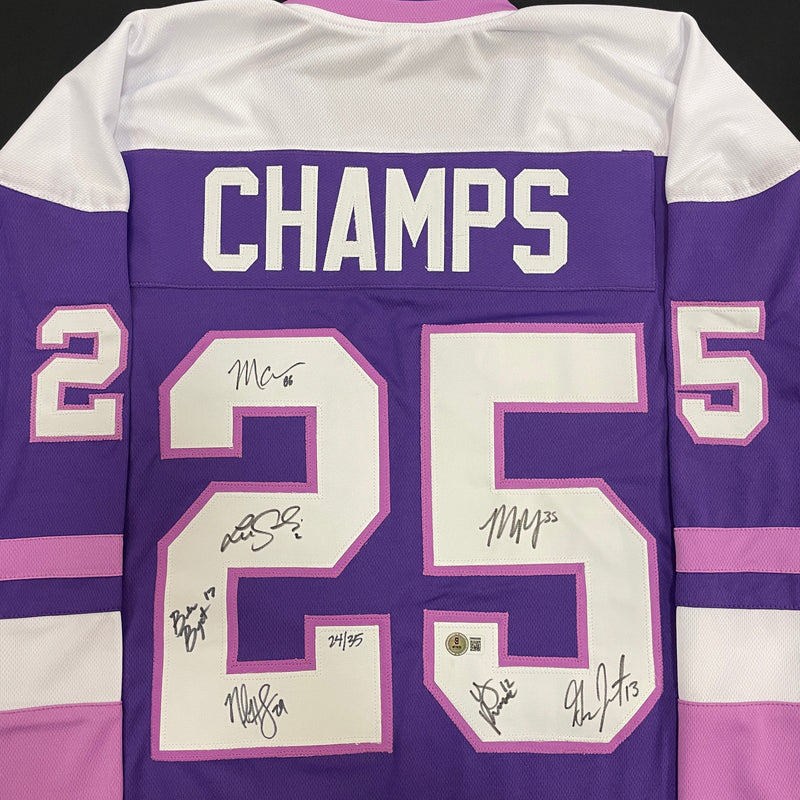 Maddie Rooney, Kelly Pannek, Grace Zumwinkle, Nicole Hensley, Michela Cava, Lee Stecklein, Brooke Bryant Autographed 25 CHAMPS Pro-Style Jersey (Numbered Edition) Autographs Fan HQ #24/35 (Championship Year)