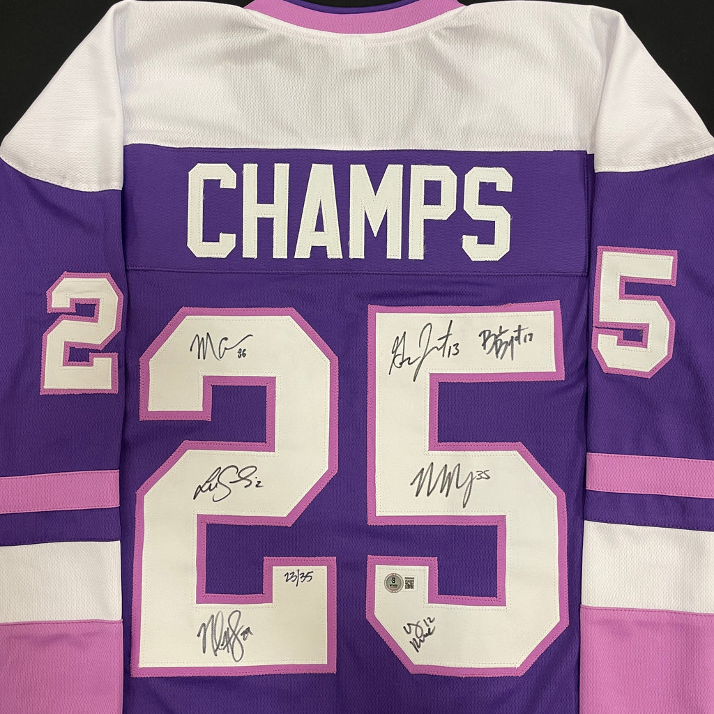 Maddie Rooney, Kelly Pannek, Grace Zumwinkle, Nicole Hensley, Michela Cava, Lee Stecklein, Brooke Bryant Autographed 25 CHAMPS Pro-Style Jersey (Numbered Edition) Autographs Fan HQ Standard Number