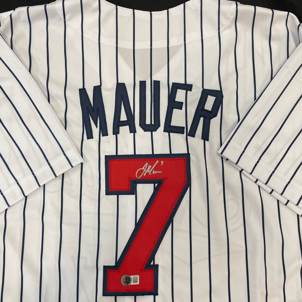 Joe Mauer Autographed White Pinstripe Pro-Style Jersey Autographs Fan HQ   