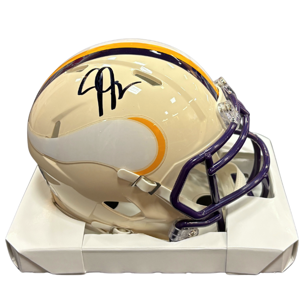Justin Jefferson Autographed Minnesota Vikings Retro Mini Helmet (Choose Autograph Side) Autographs FanHQ Mask Facing Left (Vikings)