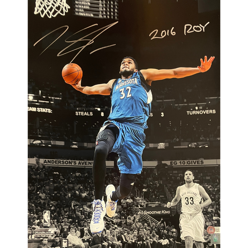 Karl-Anthony Towns Autographed Minnesota Timberwolves 16x20 Photo w/ 2016 ROY Inscription Autographs Fan HQ   