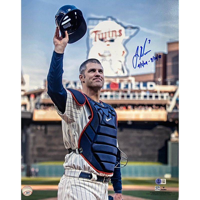 Joe Mauer Autographed Final Game 16x20 Photo w/ Career Dates Inscription Autographs Fan HQ   