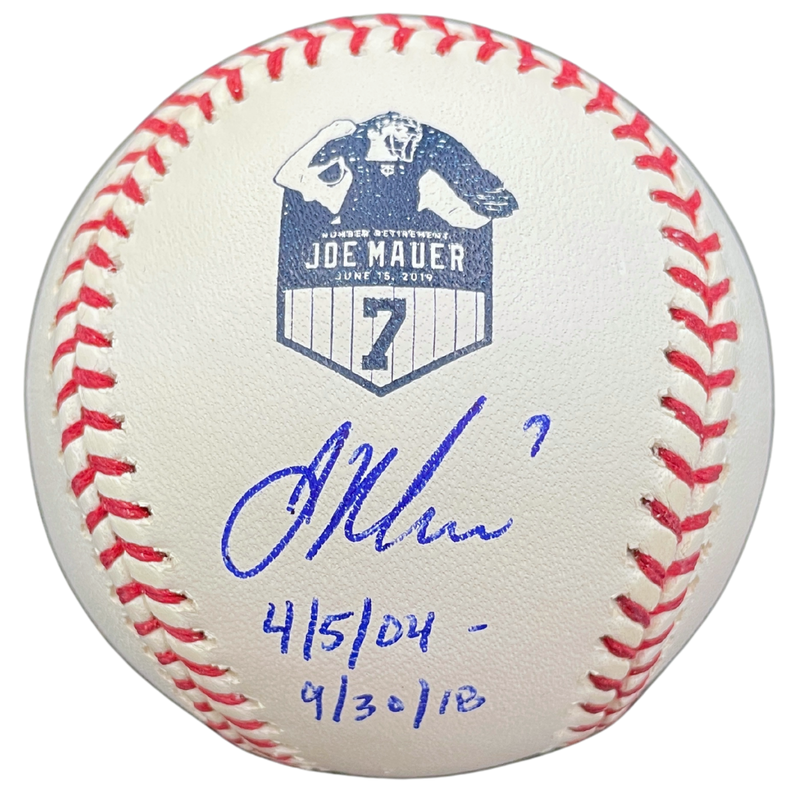 Joe Mauer Autographed Jersey Retirement Baseball w/ Career Dates Inscription