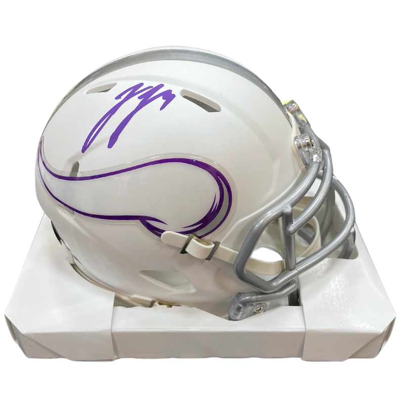 J.J. McCarthy Autographed Minnesota Vikings Winter Warrior Mini Helmet Autographs FanHQ   