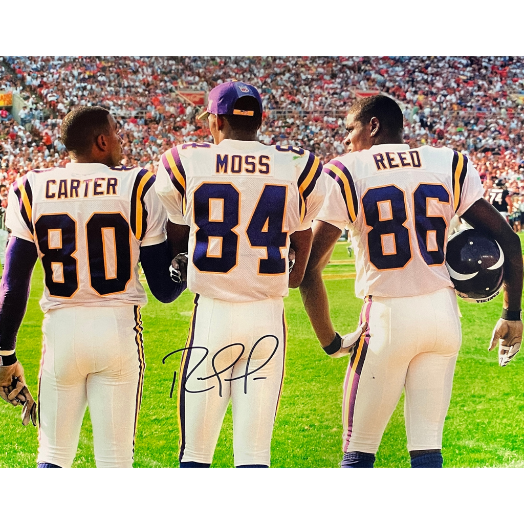Randy Moss Autographed Minnesota Vikings Three Deep 16x20 Photo Autographs FanHQ   