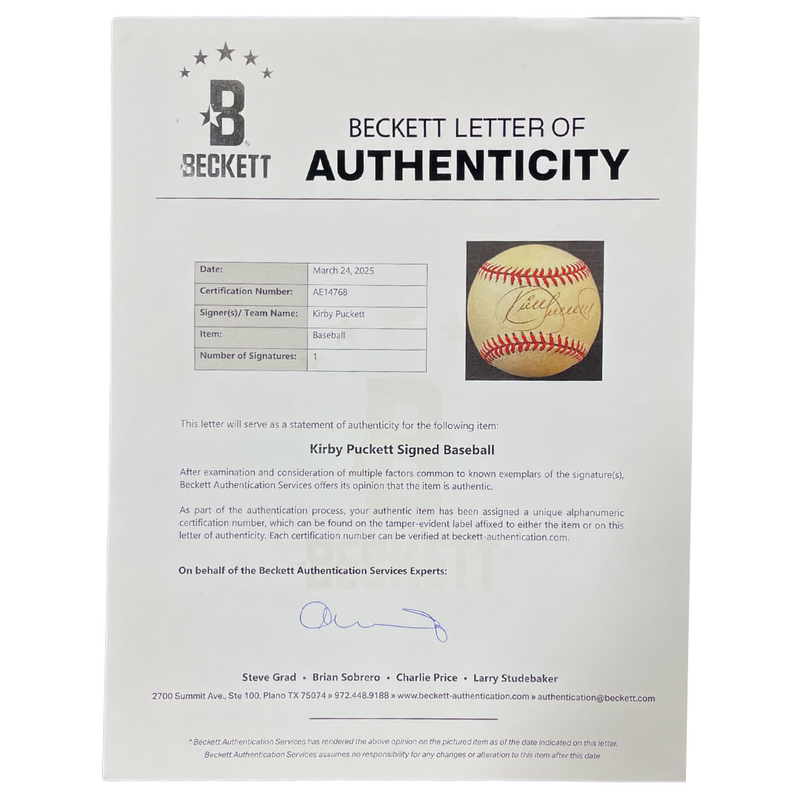 Kirby Puckett Autographed Official American League Baseball - Beckett Authenticated Autographs Fan HQ