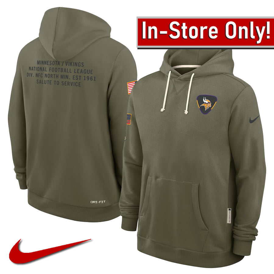 AVAILABLE IN-STORE ONLY! Minnesota Vikings 2025 Nike Salute to Service Sideline Club Pullover Hoodie Sweatshirts Nike