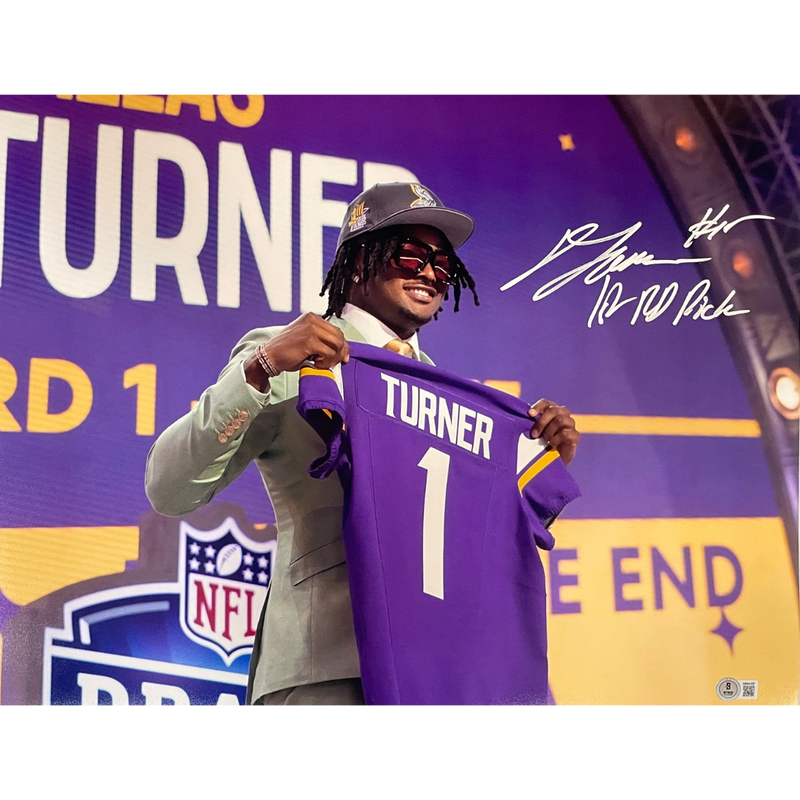 Dallas Turner Autographed Minnesota Vikings 16x20 Photo w/ 1st Rd Pick Inscription Autographs FanHQ   