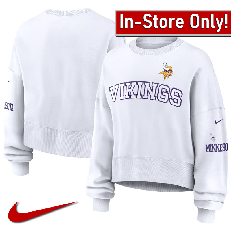 AVAILABLE IN-STORE ONLY! Minnesota Vikings Nike Women's White Oversized Long Sleeve Cropped Sweatshirt Womens Nike   