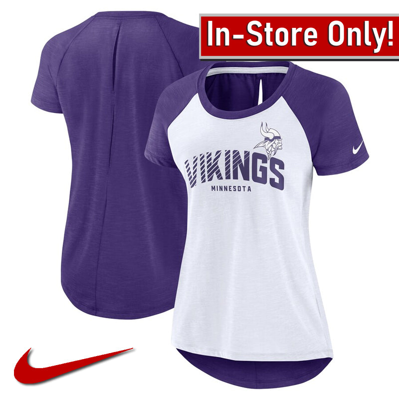 AVAILABLE IN-STORE ONLY! Minnesota Vikings White/Purple Nike Women's Back Slit Lightweight Fashion T-Shirt Womens Nike   