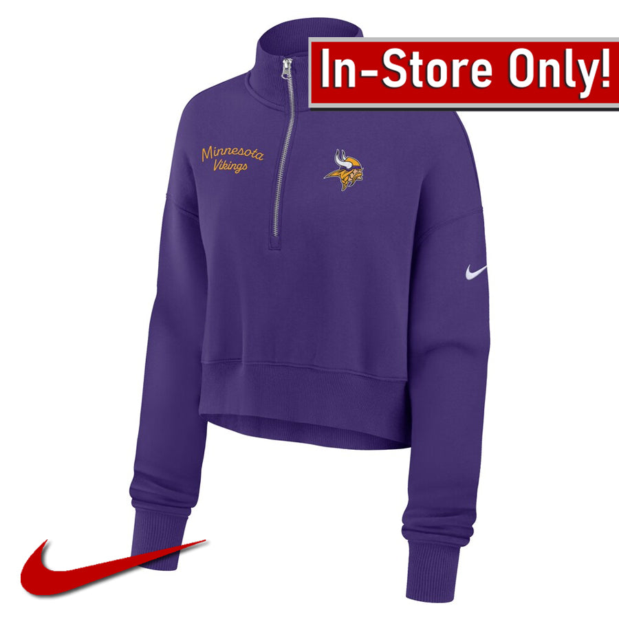 AVAILABLE IN-STORE ONLY! Minnesota Vikings Nike Women's Purple Phoenix Cropped Half-Zip Sweatshirt Womens Nike