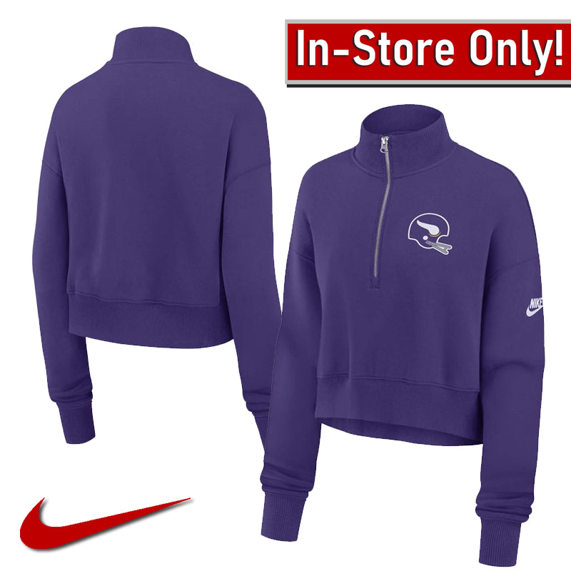 AVAILABLE IN-STORE ONLY! Minnesota Vikings Nike Women's Purple Rewind Phoenix Cropped 1/4 Zip Sweatshirt Womens Nike   