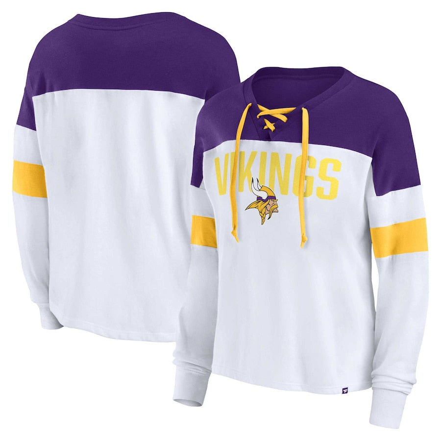 Women's Fanatics Branded White/Purple Minnesota Vikings Even Match Lightweight Lace-Up Long Sleeve Top